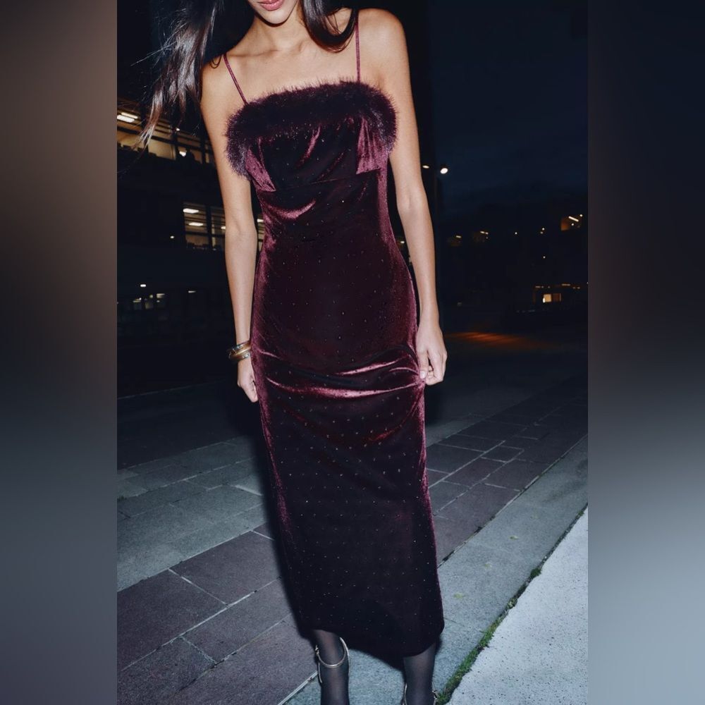 ZARA VELVET BEADED FAUX FUR MIDI DRESS - Picture 6 of 13